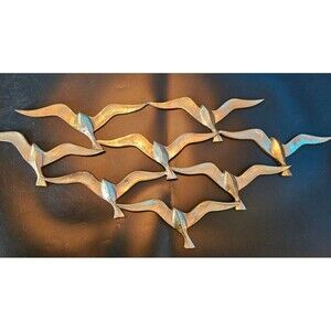 MCM Brass Seagull Wall Hanging 8 Flying Birds Sparrows Plaque Gold Flock